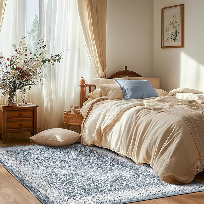 jinchan Floral 5x7 Area Rugs for Bedroom - Machine Washable Vintage Distressed Boho Design Throw Rug Stain Resistant Carpet Low-Pile Thin Non-Slip for Nursery Living Room Dining Room (5‘x7',Grey)