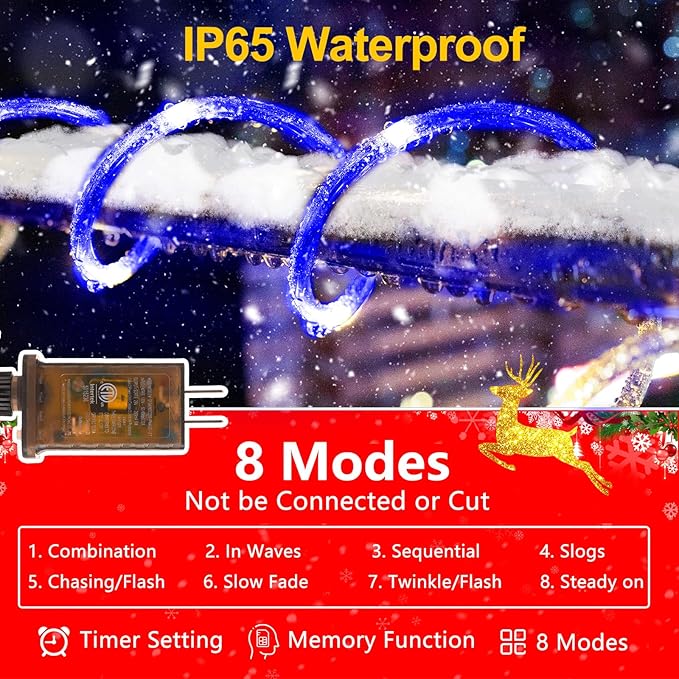 KNONEW 164FT 1000LED Rope Lights for Outside,Outdoor String Lights Waterproof 8 Modes Clear Tube Light for Indoor,Bedroom,Wedding,Garden,Patio,Christmas,Tree,Rv,Holiday Decoration(Blue)