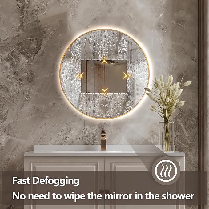 Niccy Round Led Mirror for Bathroom, 24" Backlit Mirror for Wall Circle Lighted Mirror with Gold Frame Anti-Fog, 3 Colors, HD Glass and IP65 Waterproof
