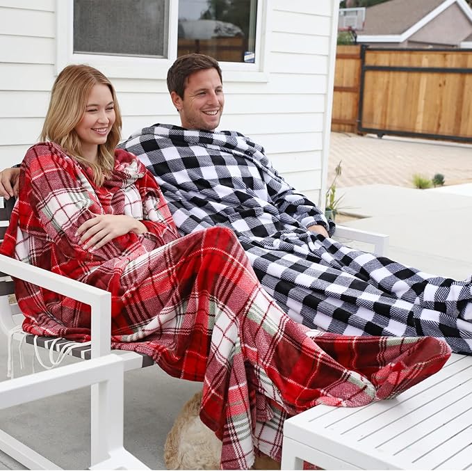 Catalonia Wearable Fleece Blanket with Sleeves and Foot Pockets for Adult Women Men, Micro Plush Comfy Wrap Sleeved Throw Blanket Robe Large, Red Plaid