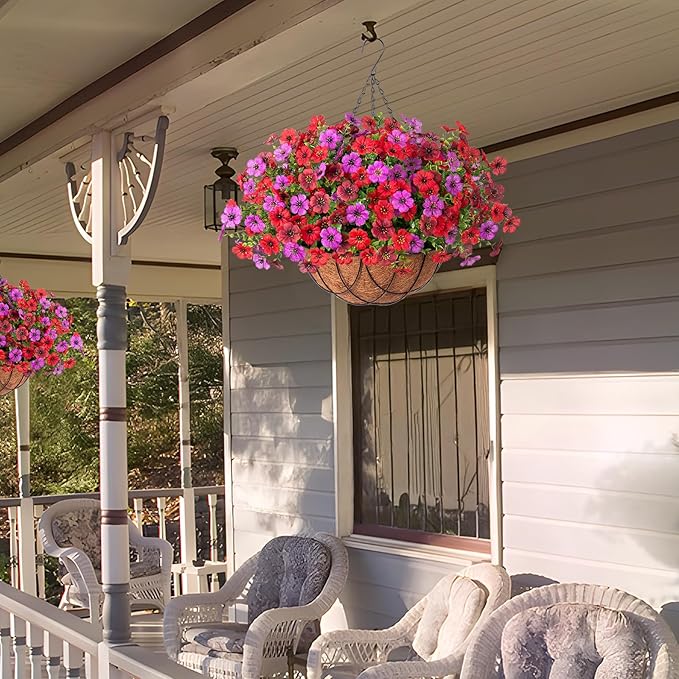 Artificial Silk Flowers Hanging Baskets Outdoors Indoors, Daisy with Eucalyptus Leaves Arrangement for Garden Yard Spring Summer Decor Faux Green Plant Metal Coconut Lining (Red Purple Red Brown)