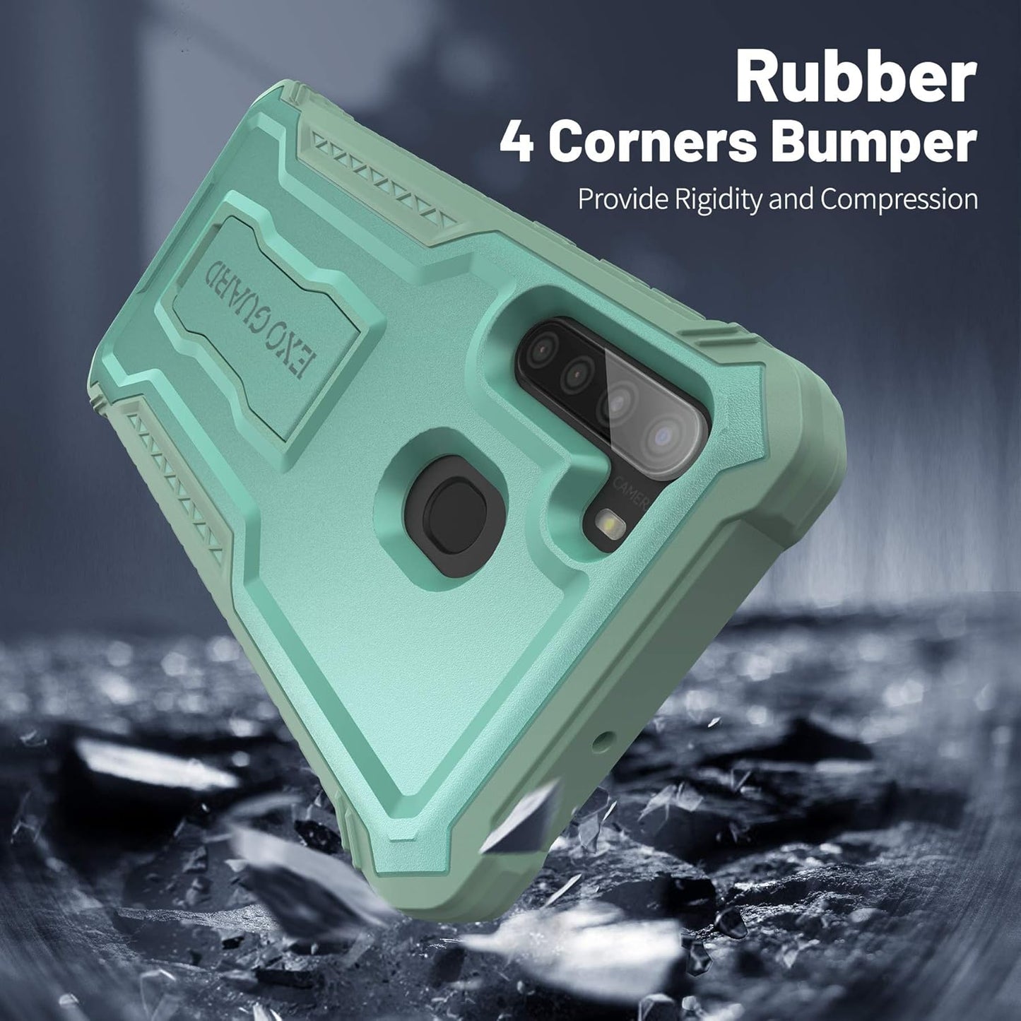 ExoGuard Rubber Shockproof Full-Body Case for Samsung Galaxy A21, Green with Built-in Screen Protector & Kickstand