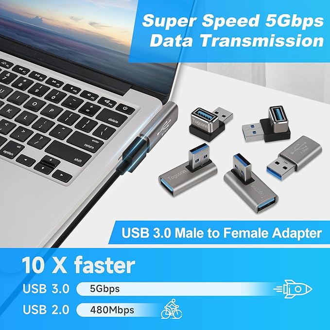 Angle USB 3.0 Adapter 10 Pack, Multiple Angles(UP/Down/Left/Right/Straight),USB A Male to Female Connector Converter USB L Shape Extender, Support Charge & Data Sync for PC, Laptop, Mouse, Keyboard