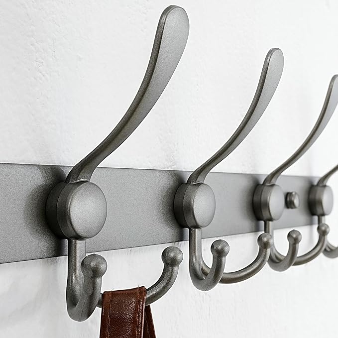 Dseap Coat Rack Wall Mount - 38” Long 10-Tri-Hooks Heavy Duty Coat Hanger Rail Wall Hooks for Hanging Coats Hats Clothing Clothes Purse Mudroom Entryway, Gray