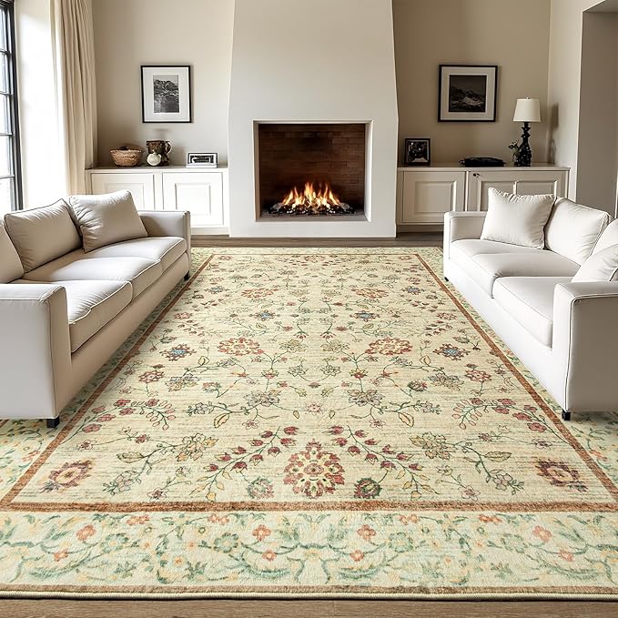 LOCHAS Washable Area Rugs 6x9, Beige Floral Rug for Living Room Bedroom Non Slip, Ultra Soft Vintage Indoor Carpet for Kids, Nursery, Dorm, Dining Room, Classroom, Boho Flower Home Decor, Low-Pile