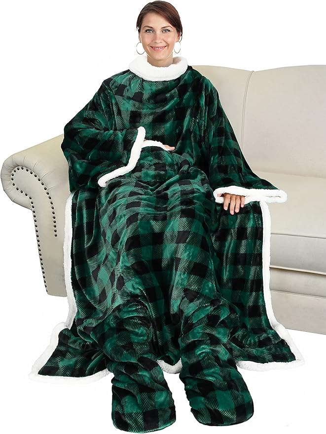 Catalonia Sherpa Wearable Blanket with Sleeves & Foot Pockets for Adult Women Men, Comfy Snuggly Wrap Sleeved Throw Blanket Robe, Gift Idea, Plaid Green, St. Patrick Gift