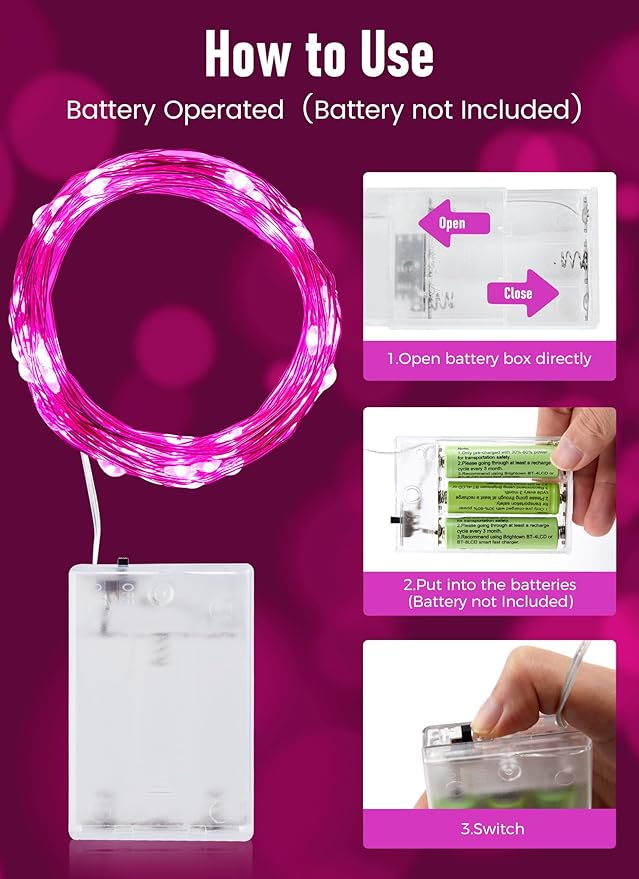 Minetom Fairy Lights Battery Operated, 2Pack 33Feet 100 LEDs Mini Battery Powered String Lights, Waterproof Twinkle Lights Mason Jar Lights for Indoor Home Wedding Christmas Decoration, Pink