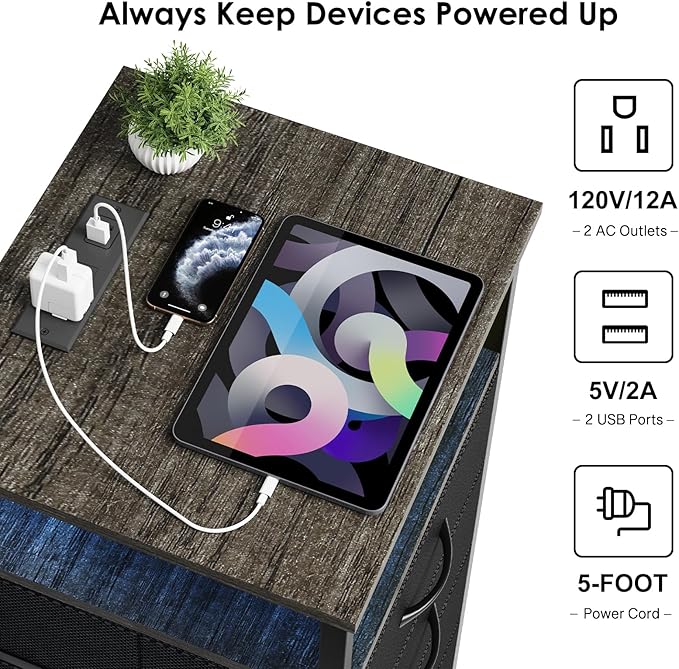Fixwal Night Stand with Charging Station, LED Nightstand with U-S-B Ports and Outlets, 3 Fabric Storage Drawers with PU Finish, Bed Side Table, Charcoal Gray