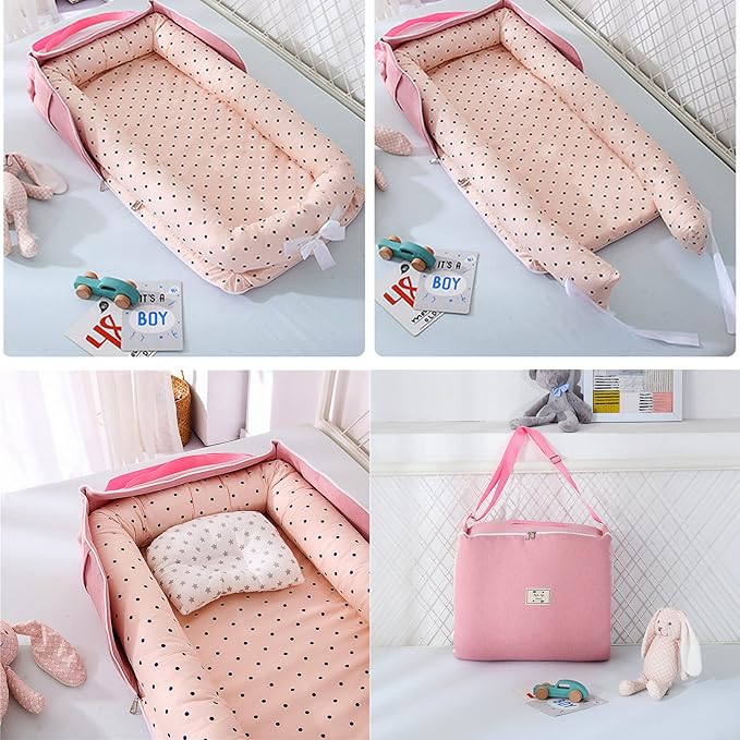 Baby Lounger for Newborn Portable Bag,Baby Nest Play Gym mat with Strap,Newborn Lounger Adjustable Size & Inner Zipper Lengthen Space to 24 Months(Pink Polka Dots)