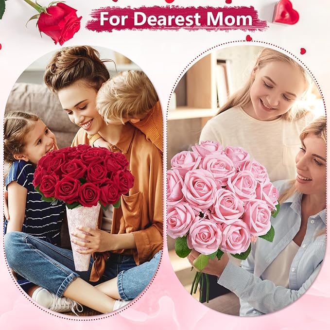 BLEUM CADE 200 Pcs Red Roses Artificial Flowers, Real Touch Velvet Roses Fake Flowers Bulk, Artificial Roses Bouquet with Long Stems Bridal DIY Wedding Party Centerpiece Decorations