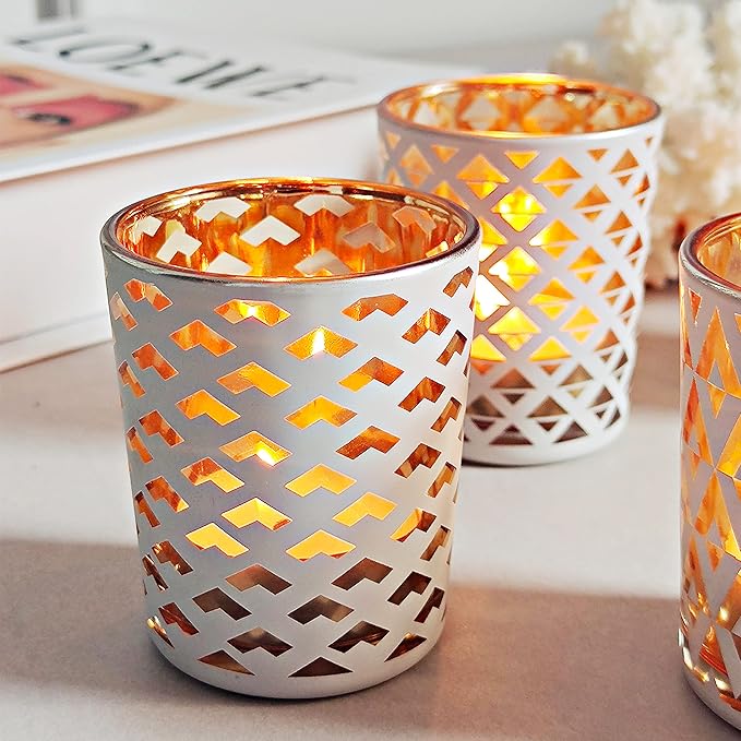 SHMILMH White and Gold Votive Candle Holders Set of 12, 4 Patterns Frosted Glass Tea Lights Candle Holders for Birthday Party Wedding Table Centerpiece Halloween