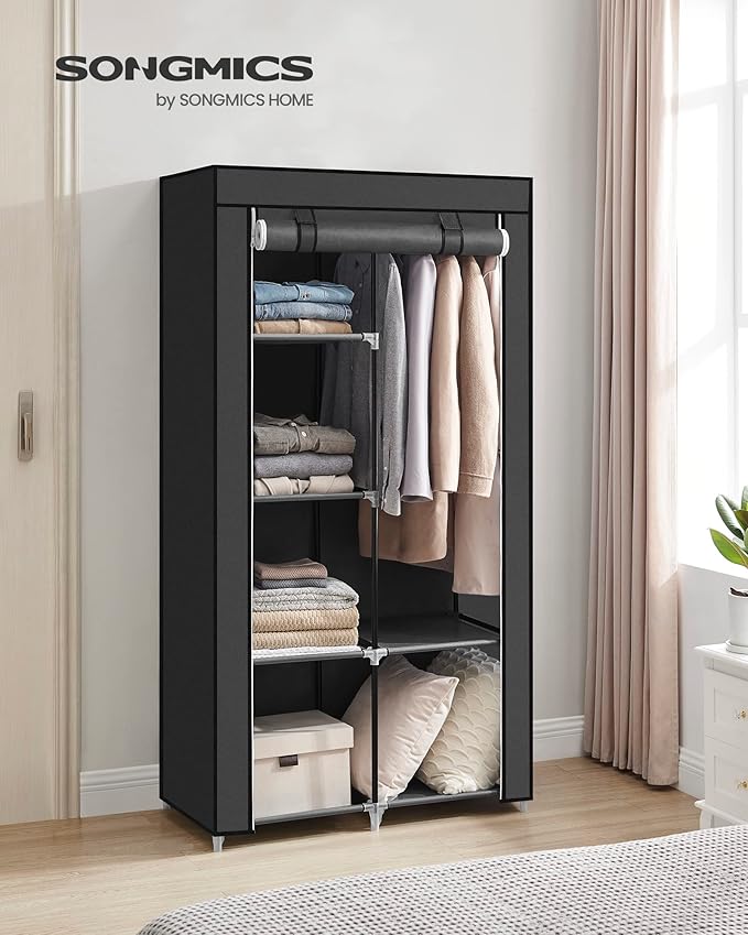 SONGMICS Portable Closet, Clothes Storage Organizer with 6 Shelves, 1 Clothes Hanging Rail, Non-Woven Fabric Closet, Metal Frame, 34.6 x 17.7 x 66.1 Inches, Black URYG84BK