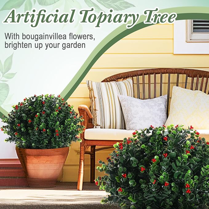 XunYee 4 Pcs 20" Artificial Topiary Ball Trees, Outdoor Artificial Shrubs Faux Bushes UV Resistance Greenery Fake Plants Tree with Ground Spike for Garden Porch Patio Indoor Decoration (Red Berries)