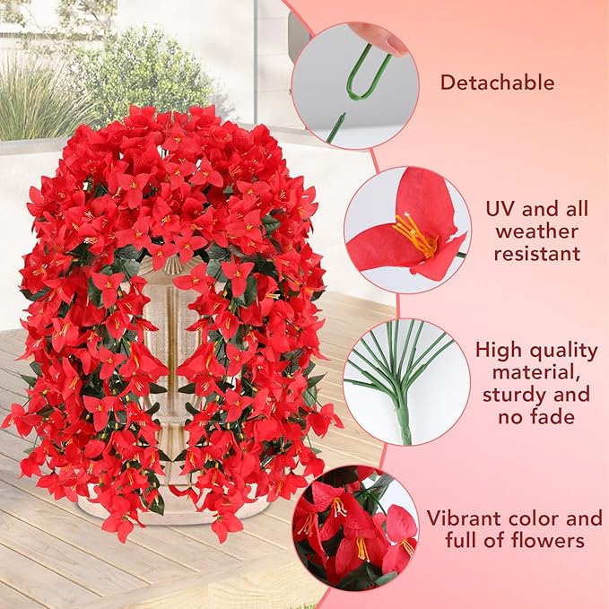 Artificial Bougainvillea Flowers for Outdoor Plant,4 pcs Faux Hanging Flowers Bougainvillea for Outside Decoration,Fake Silk UV Resistant Vines for Front Door Porch(Red)