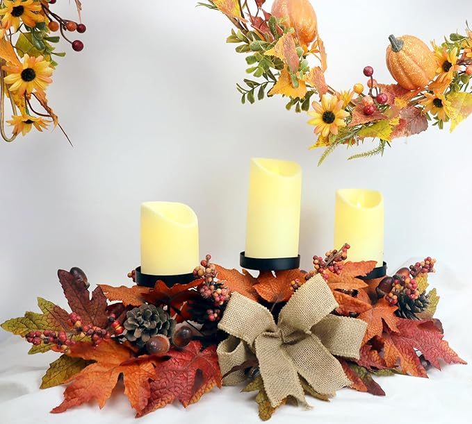 Fall Candle Holder Centerpiece with Maple Leaves, Pinecones, Berries & Burlap Bow,Thanksgiving Table Centerpiece Decoration for Dining Table, Mantel & Autumn Harvest Home Décor
