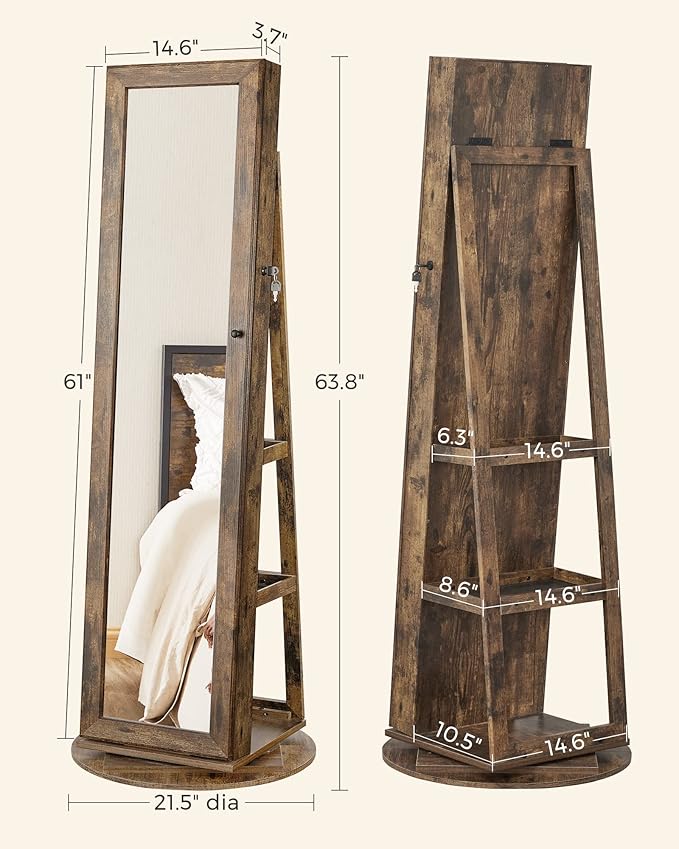 SONGMICS 360° Swivel Jewelry Cabinet, Lockable Jewelry Organizer with Full-Length Mirror, Rear Storage Shelves, Interior Mirror, Jewelry Armoire, Christmas Gifts for Women, Rustic Brown UJJC006X01
