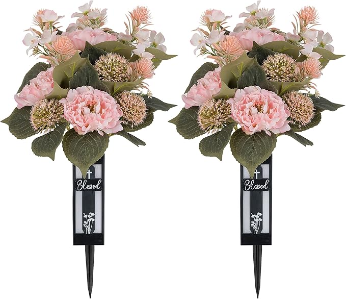 Pink Artificial Flowers for Cemetery : 2 Pcs Peony Grave Flower Bouquets for Cemetery Decorations - Outdoor Gravesite Flowers with Vase