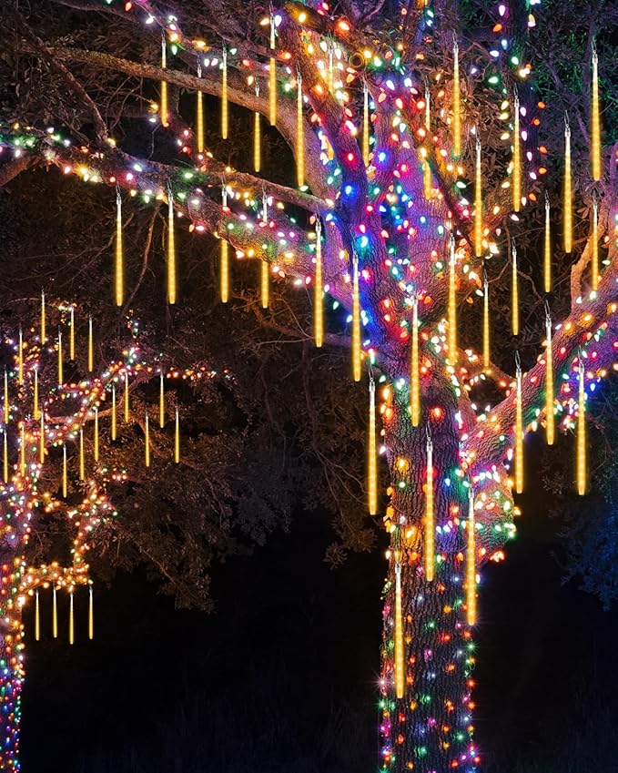 Joomer 2Pack Christmas Lights Outdoor, 11.8 inch 10 Tubes 240 LED Meteor Shower Lights, LED Falling Icicle Cascading Light with Timer Waterproof and Connectable for Christmas Decoration (Warm White)