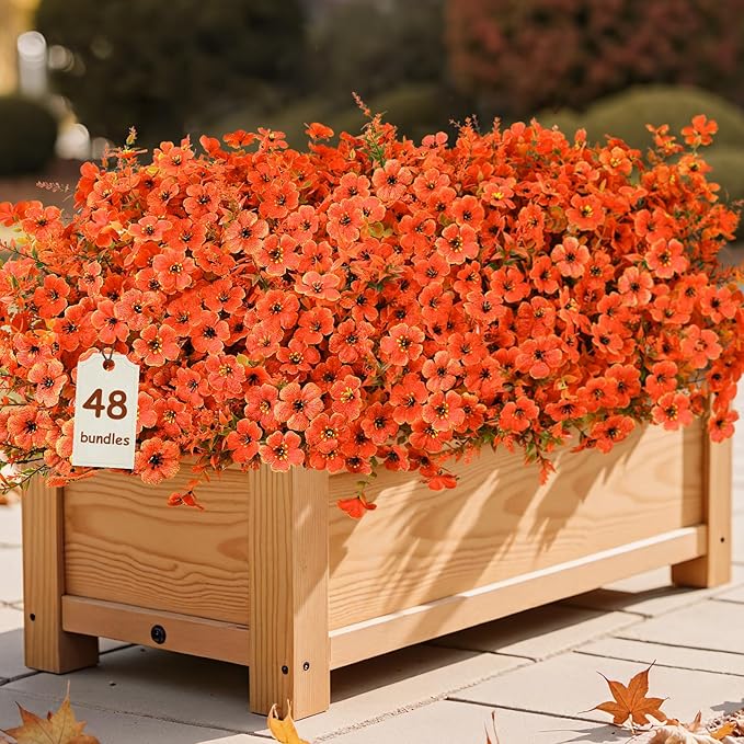 SHareconn 48 Bundles Artificial Fall Flowers for Outdoors Decoration, UV Resistant Silk Eucalyptus Lavender Faux Autumn Fake Plants for Outside Indoor Garden Yard Porch Home Decor, Autumn Colours