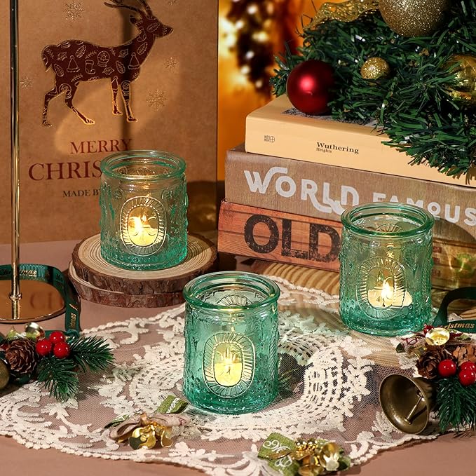 Blue Votive Candle Holders Set of 12, Vintage Blue Tealight Candle Holders, Teal Candle Holder for Wedding Home Decor, Embossed Candle Votives for Bridal Shower Decor/Thanksgiving/Christmas