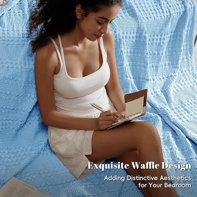 PHF 100% Cotton Waffle Weave Blanket Twin Size for Bed, Soft Lightweight & Breathable, All-Season Comfort, Luxury Aesthetic Woven Bedding for Home Decor, 66"x90", Sky Blue