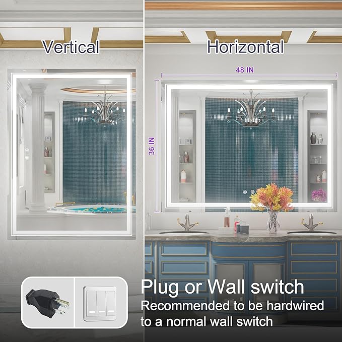 48 x 36 Inch LED Bathroom Mirror with Lights, Wall Mounted Lighted Bathroom Vanity Mirrors, Stepless Dimmable, Memory Funtion, Anti-Fog, 6000K, Shatter-Proof, Horizontal or Vertical