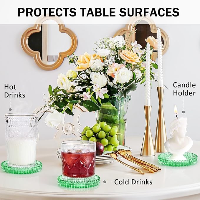 Glass Candle Holders, GOH DODD Set of 8 Crystal Pillar Plates Modern Coasters for Drinks, Centerpiece, Home Decor, Kitchen, Living Room, Patio, Wedding, Halloween, Christmas, Party, Clear Green