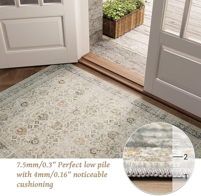 Washable 10x14 Area Rugs for Living Room, Boho Non-Slip Silicone Backing Rugs for Bedroom Dining Room Office, 0.3" Neutral Oriental Throw Carpet with 0.16" Cushioning Pad, Grey/Multi