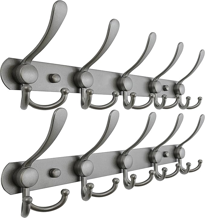 Dseap Coat Rack Wall Mounted - 5 Tri Hooks, Heavy Duty, Stainless Steel, Metal Coat Hook Rail for Coat Hat Towel Purse Robes Mudroom Bathroom Entryway (Grey, Pack of 2)