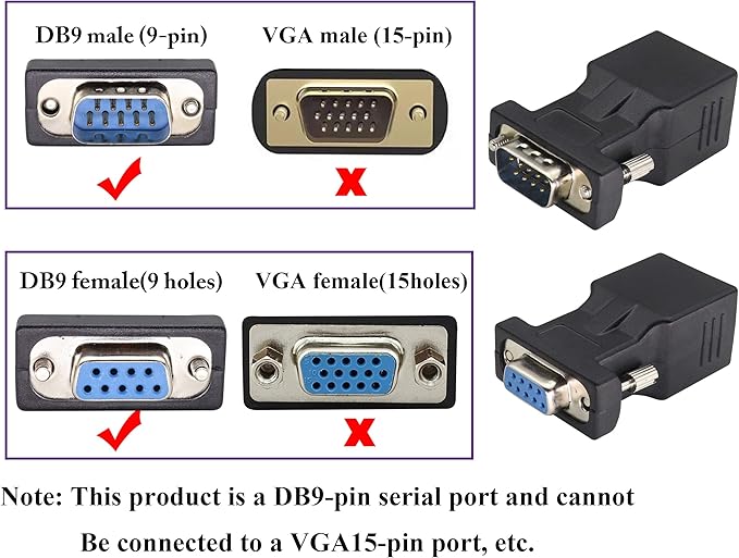 2-Pack DB9 to RJ45 Extender - Male & Female - 9Pin Serial Port to Ethernet LAN Network Adapter - Multimedia Video & Extend Transmission Distance - Compatible with DB9 Devices