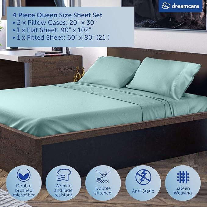 DREAMCARE Queen Sheet Set – 4 pcs Cooling Sheets – up to 21” Extra Deep Pocket Queen Sheets – Hotel Luxury Sheets & Pillowcases – Superior Softness 100% Microfiber with Side Pocket - Spa Blue