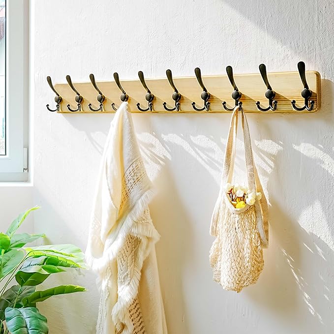Dseap Coat Rack Wall - Heavy-Duty 38-1/4" Long, with Reinforced 10 Custom Tri-Hooks, Solid Wood Wall Hanger for Coats Hat Jackets - Rustic Farmhouse Entryway Hallway Storage, Light Brown & Black