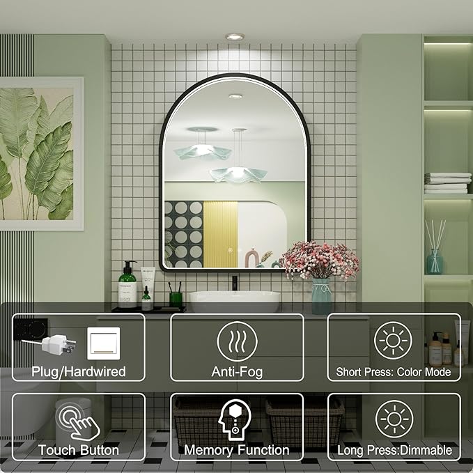 40x30 Inch LED Bathroom Mirror with Lights, Adjustable 3000K/4500K/6000K, Arched Black Frame Lighted Bathroom Vanity Mirror, Anti-Fog, Dimmable, Wall Mounted