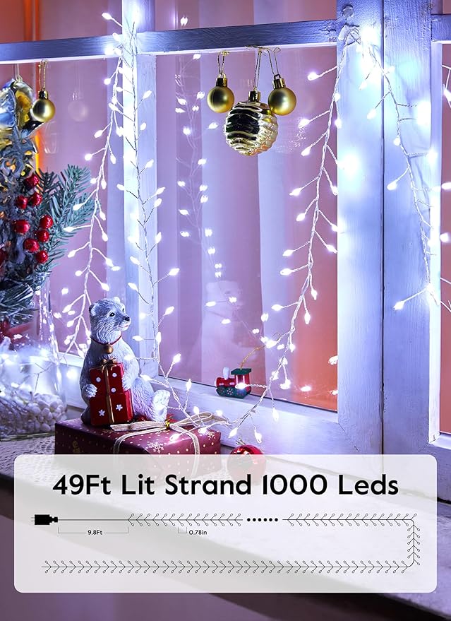 Firecracker Fairy Lights Plug in, 50Feet 1000 LEDs Cluster String Lights Waterproof Silver Wire Starry Firefly Lights for DIY Home Weeding Indoor Outdoor Christmas Tree Decorations, Pure White