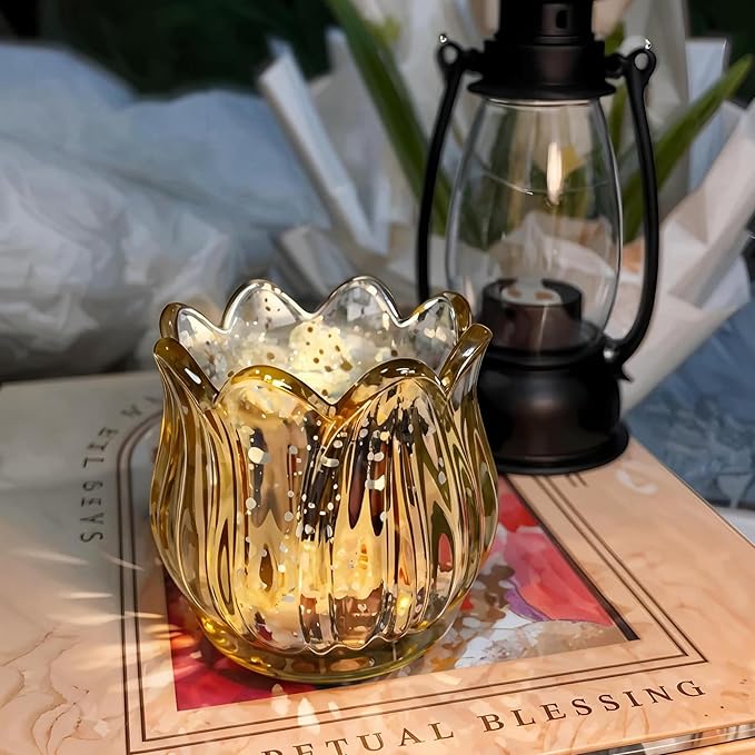 Tulip Votive Candle Holders Set of 12, Tea Light Candle Holder Glass for Table Centerpiece, Tealight Candle Holders for Wedding Déco, Birthday, Anniversary, Parties, and Holiday (Glod)