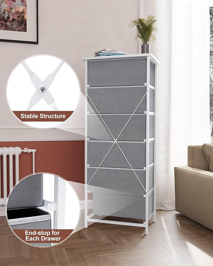 Crestlive Products Tall Dresser Storage Tower - Sturdy Steel Frame, Wood Top, Easy Pull Fabric Bins, Handles - Vertical Organizer Unit for Bedroom, Hallway, Entryway, Closets - 6 Drawers (Light Gray)