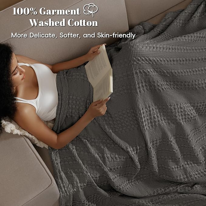 PHF 100% Cotton Waffle Weave Blanket King Size for Bed, Soft Lightweight & Breathable, All-Season Comfort, Luxury Aesthetic Woven Bedding for Home Decor, 108"x90", Charcoal Grey