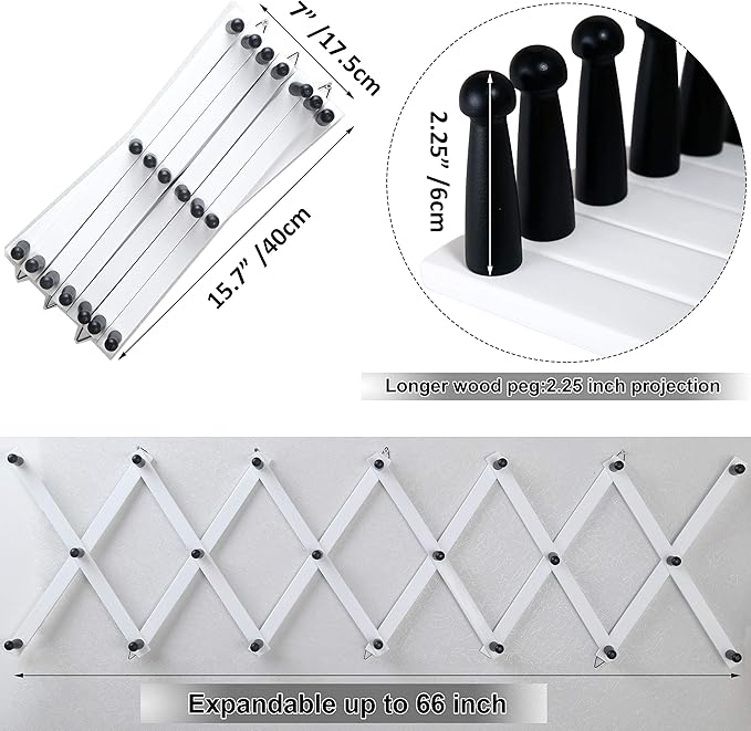 WEBI Accordion Wall Hanger,Expandable Wooden Coat Rack Wall Mounted,Accordion Hat Rack for Wall,Accordion Hook Rack for Hats,Caps,20 Pegs Hooks,Black on White
