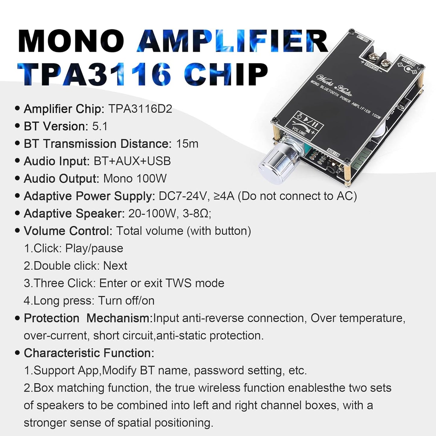 ZK-1001B Mono Bluetooth Amplifier Board with TPA316D2 Chip, Wide Voltage Input 12-24V, Peak Output Power 100W, Black