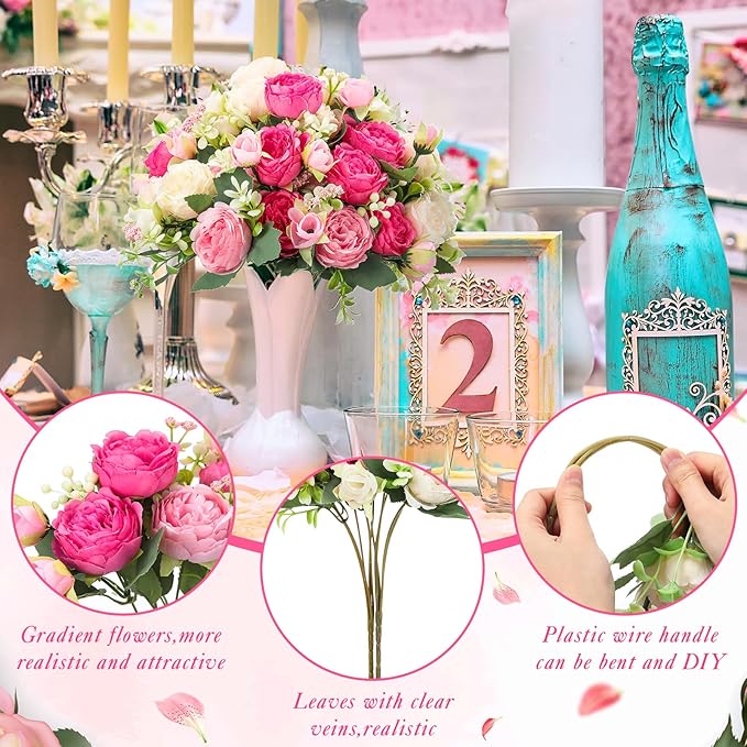 Geosar 8 Bundles Artificial Peonies Flowers Fake Silk Peony Bouquet Faux Peonies Flowers Bulk for Decoration Vase Floral Arrangements Wedding Party Table (Bright Color)