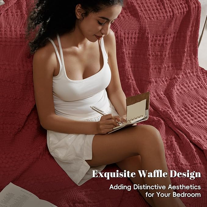 PHF 100% Cotton Waffle Weave Blanket Queen Size for Bed, Soft Lightweight & Breathable, All-Season Comfort, Luxury Aesthetic Woven Bedding for Home Decor, 90"x90", Wine Red