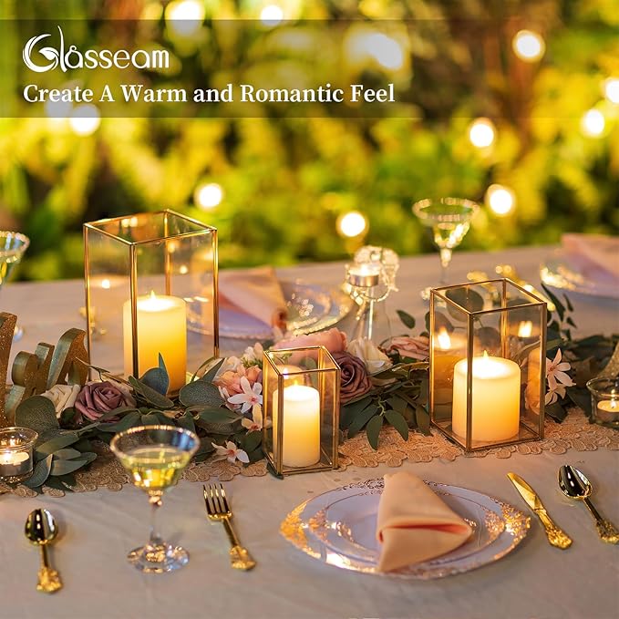 Glasseam Glass Hurricane Candle Holder: Set of 3 Gold Square Candle Holders for Pillar Candles Large for Table Centerpiece Wedding Christmas Decorative