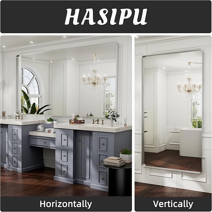 Hasipu Brushed Silver Bathroom Mirror 63x35 Inch Rounded Rectangle Vanity Mirror Metal Framed Wall Mirrors Anti-Rust Surface Mount (Hangs Horizontal or Vertical)