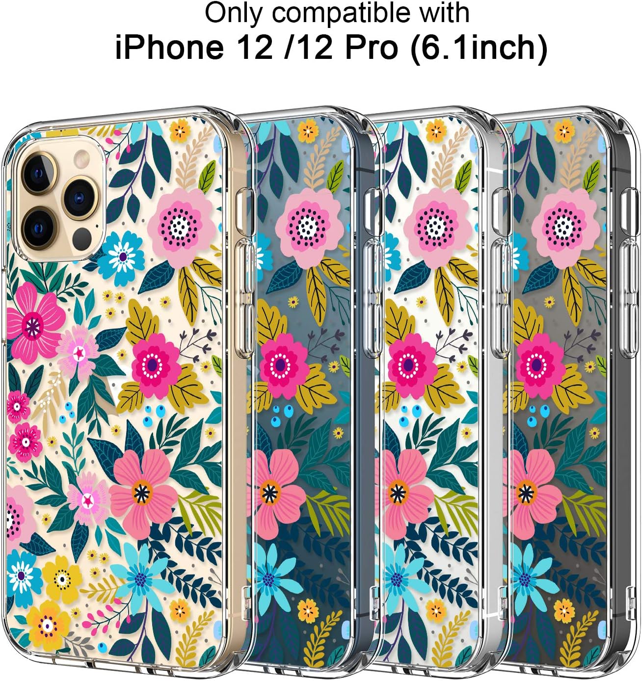 ICEDIO iPhone 12 Case with Screen Protector, Clear with Colorful Blooming Floral Patterns for Girls, Slim Fit