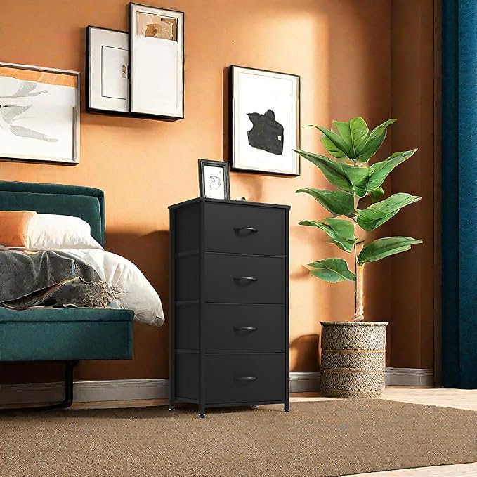 DWVO Storage Tower with 4 Drawers - Fabric Dresser, Organizer Unit, Living Room, Closets - Sturdy Steel Frame, Easy Pull Fabric Bins & Wooden Top