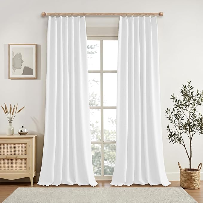 KangBang White Blackout Linen Curtains 96 Inches Long-Pinch Pleated Drapes for Living Room Office Hotel with Hooks, Room Darkening Vertical Curtains & Drapes 2 Panels,40Wx96L, Pure White