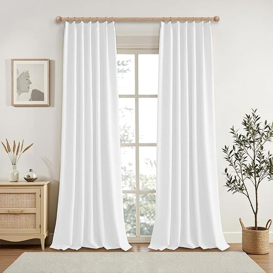 KangBang White Pinch Pleated Blackout Curtains 90 Inches Long for Bedroom, Linen Textured Pinch Pleat Drapes for Living Room Nursery, Soundproof Privacy Assured Home Decor(2 PCs, Pure White,40x90)