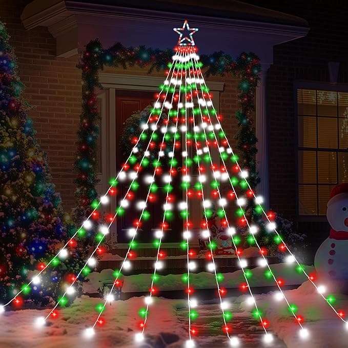 FUNIAO Outdoor Christmas Decorations Star Lights, 320 LED Hanging Twinkle Fairy String Lights Outside Tree Decoration Lights for Christmas, Yard, Garden, New Year (Plastic Star-Red White Green)