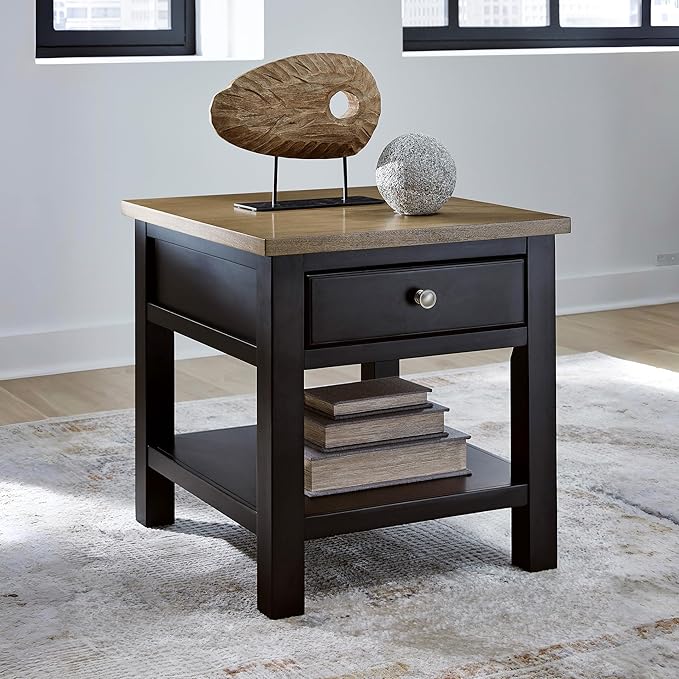 Signature Design by Ashley Drazmine Casual End Table with 1 Lower Shelf, Light Brown & Black