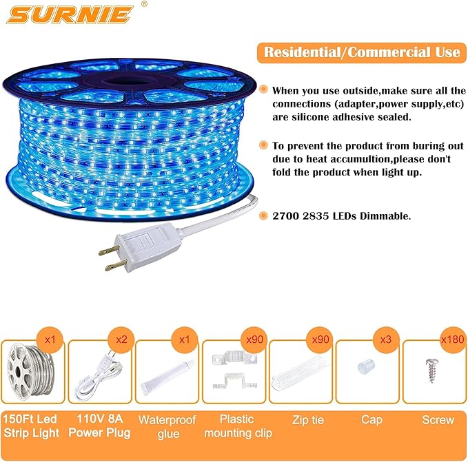 SURNIE LED Rope Lights Outdoor Waterproof 150ft Strip Lights Blue 110V Indoor Cuttable Connectable Lighting installations for Bedrooms, Stairs, Wedding Parties, Backyards, Pool, Not Tube Rope